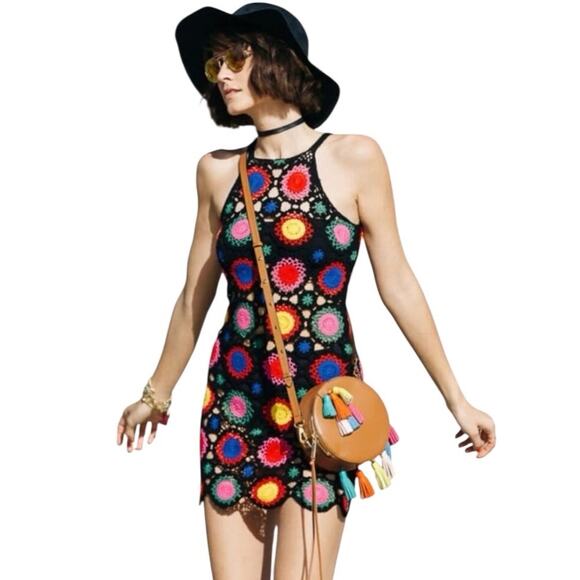 H&M crochet mini dress multicolor square boho festival coverup hippie swimwear - Picture 1 of 8